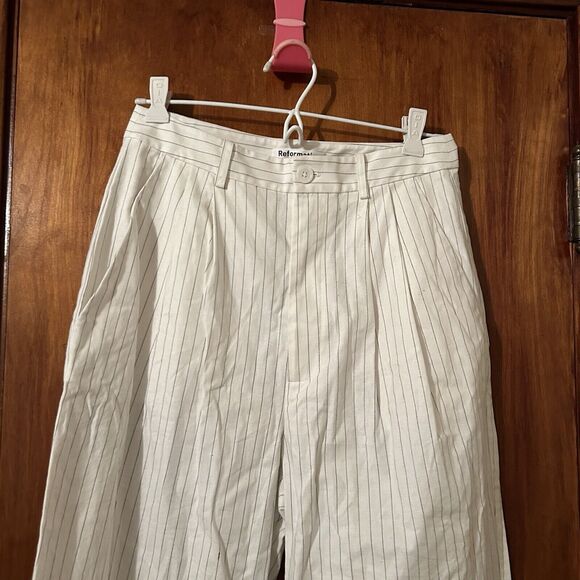 Reformation Oren Pants White Pin Stripe Wide Leg Work Linen Blend Womens 6 - Picture 6 of 14